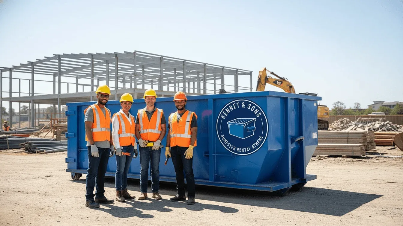 The Kennet & Sons Dumpster Rental Athens crew with a roll-off truck and container in Athens, GA